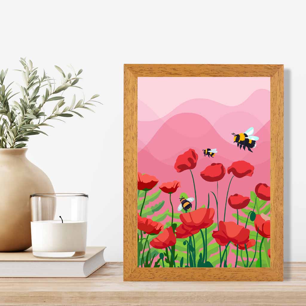 Quirky Modern Pink, Red Flowers and Bees Art Print | Wall Art Plaza