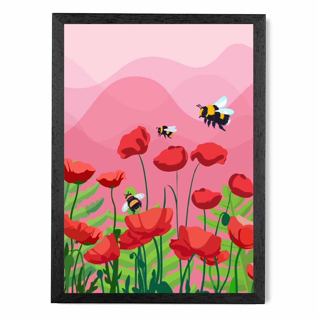 Quirky Modern Pink, Red Flowers and Bees Art Print | Wall Art Plaza
