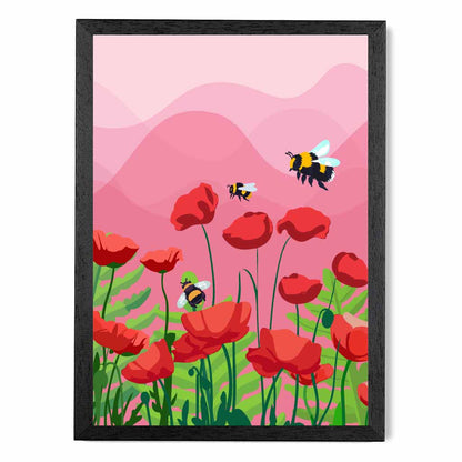 Quirky Modern Pink, Red Flowers and Bees Art Print | Wall Art Plaza