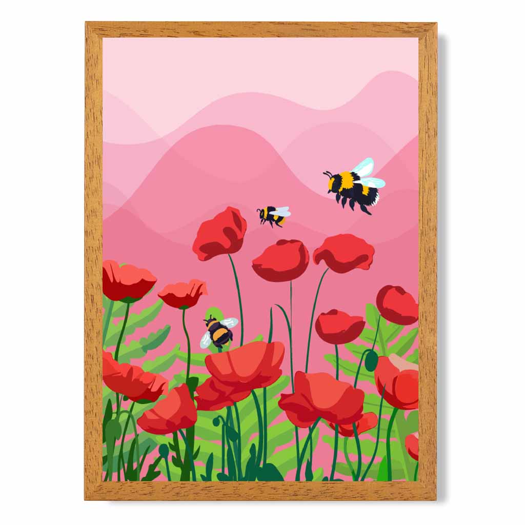 Quirky Modern Pink, Red Flowers and Bees Art Print | Wall Art Plaza