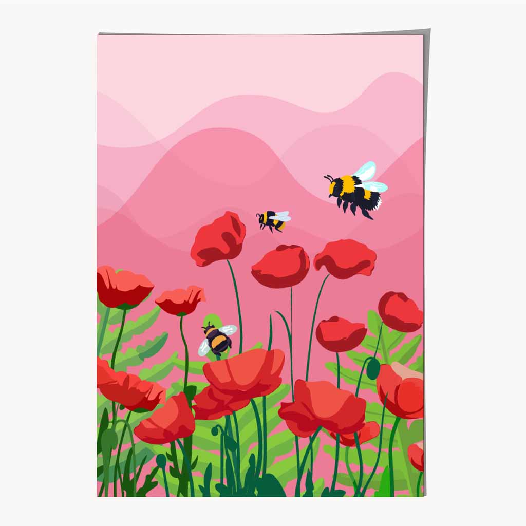 Quirky Modern Pink, Red Flowers and Bees Art Print | Wall Art Plaza