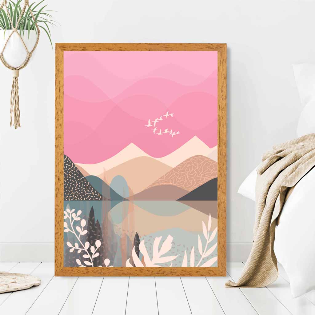 Boho Pink, Beige Mountain Lake Art Print | Wall Art Plaza