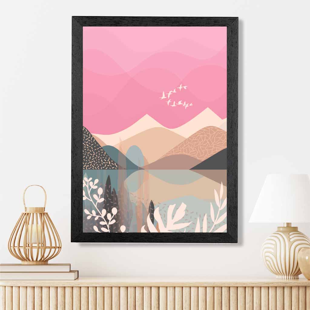 Boho Pink, Beige Mountain Lake Art Print | Wall Art Plaza