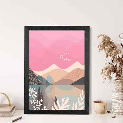 Boho Pink, Beige Mountain Lake Art Print | Wall Art Plaza