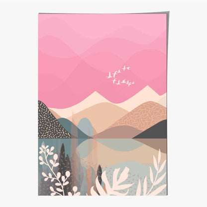 Boho Pink, Beige Mountain Lake Art Print | Wall Art Plaza