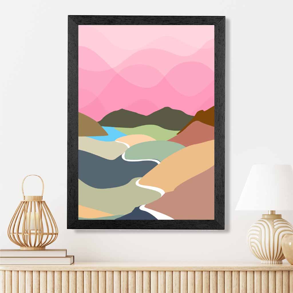 Graphical Pink, Colourful Mountain Stream Art Poster | Wall Art Plaza