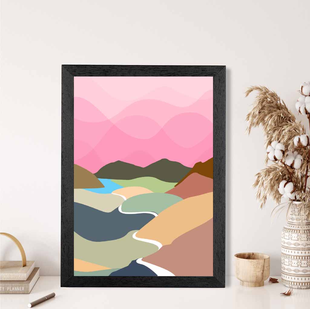 Graphical Pink, Colourful Mountain Stream Art Poster | Wall Art Plaza