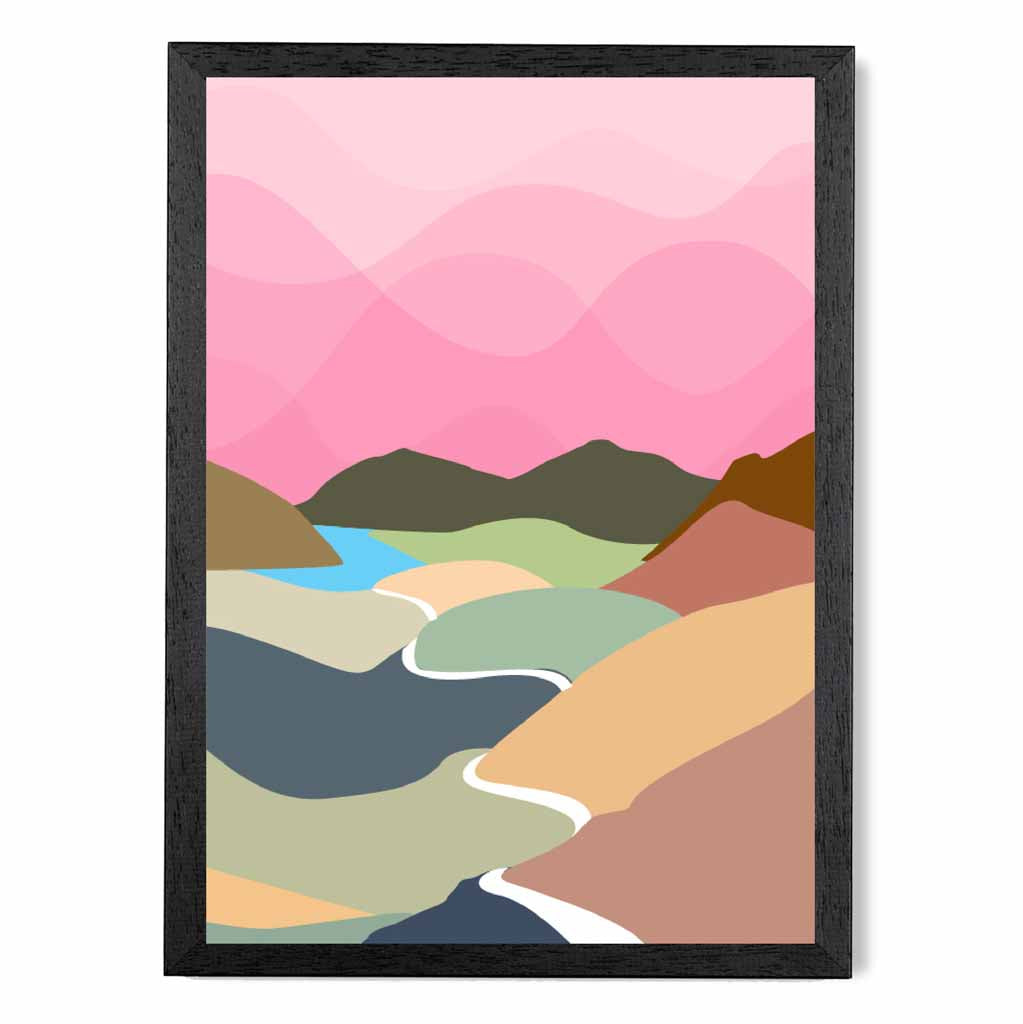 Graphical Pink, Colourful Mountain Stream Art Poster | Wall Art Plaza