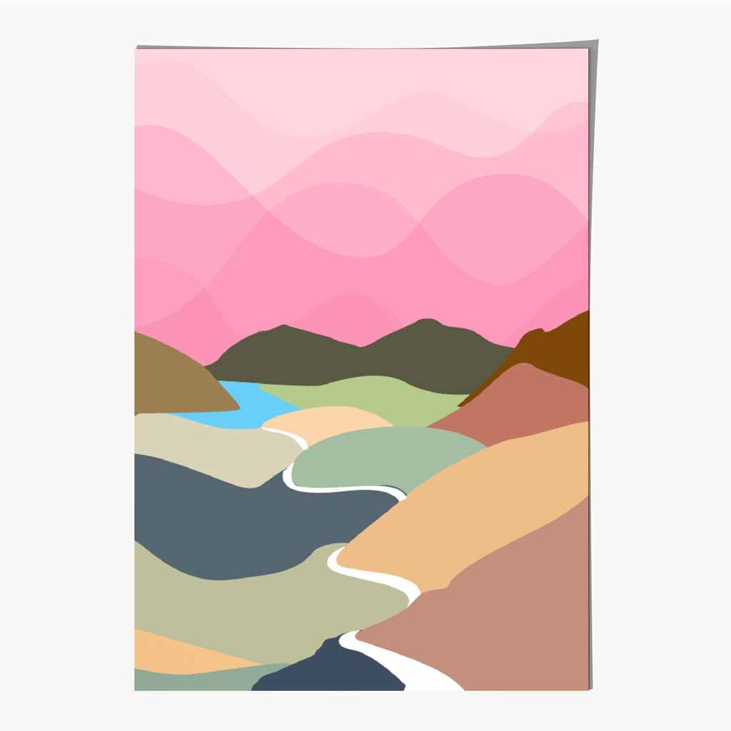 Graphical Pink, Colourful Mountain Stream Art Poster | Wall Art Plaza