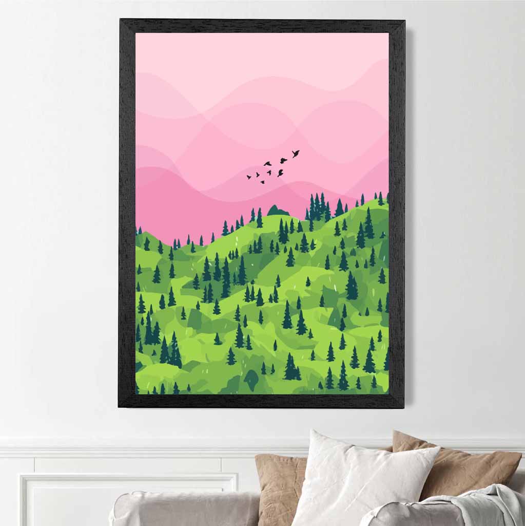 Modern Graphical Pink, Green Forest Trees Art Poster | Wall Art Plaza