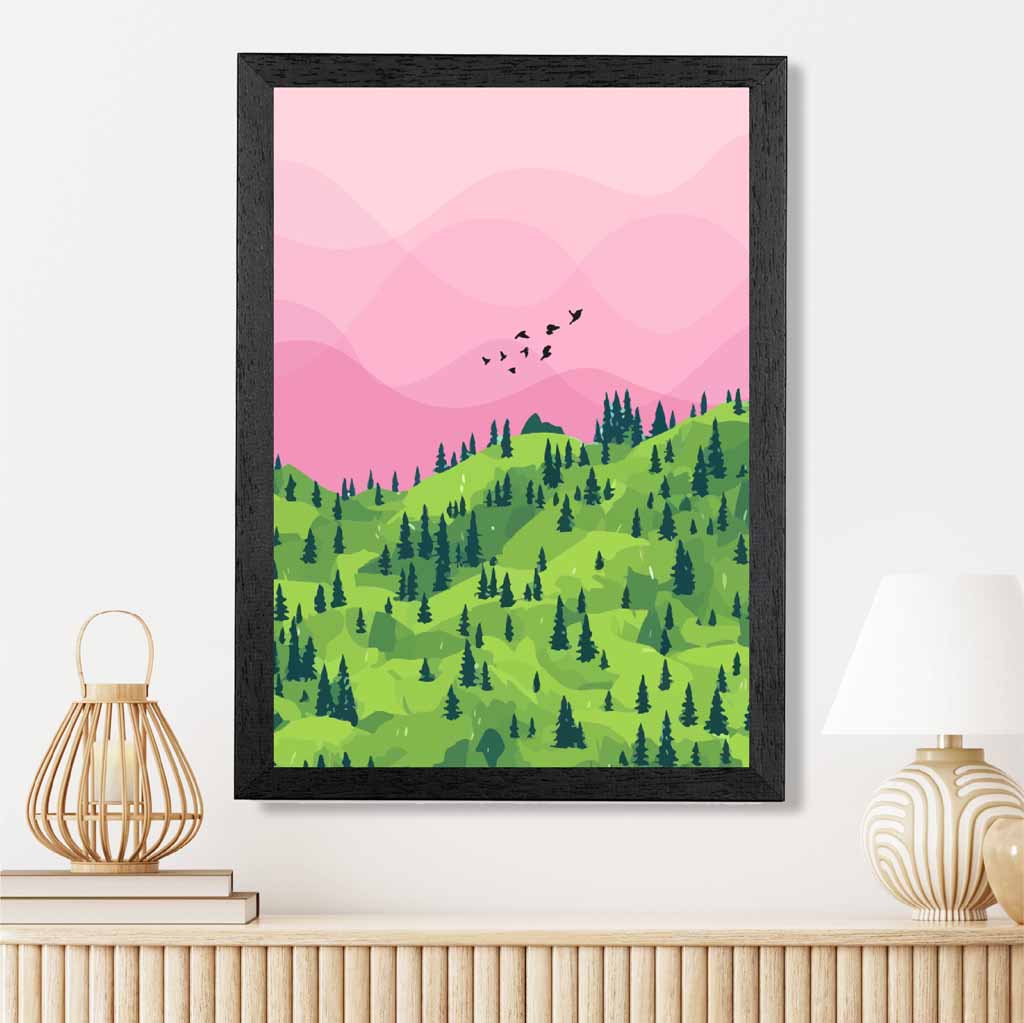 Modern Graphical Pink, Green Forest Trees Art Poster | Wall Art Plaza