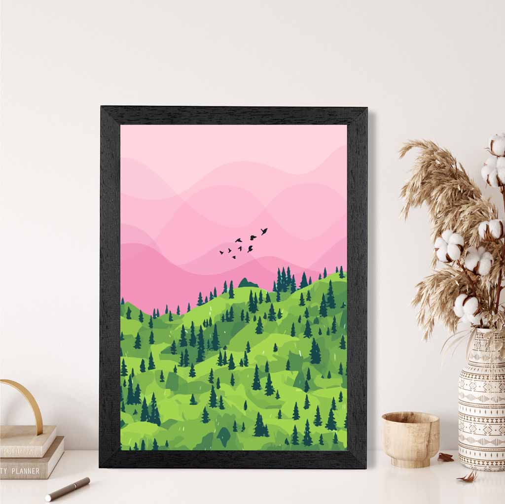 Modern Graphical Pink, Green Forest Trees Art Poster | Wall Art Plaza