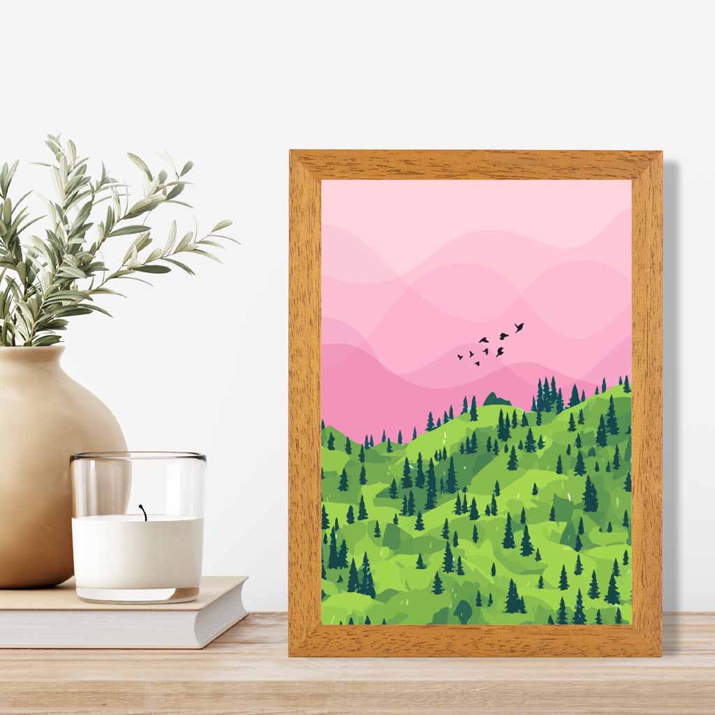 Modern Graphical Pink, Green Forest Trees Art Poster | Wall Art Plaza