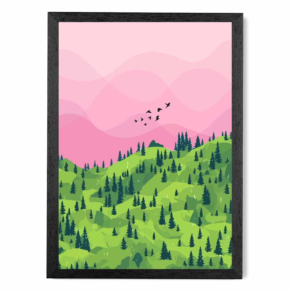 Modern Graphical Pink, Green Forest Trees Art Poster | Wall Art Plaza