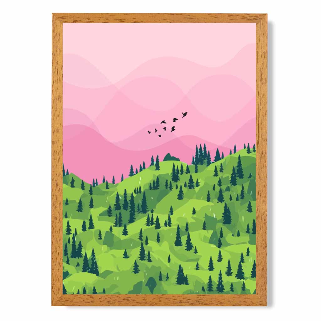 Modern Graphical Pink, Green Forest Trees Art Poster | Wall Art Plaza