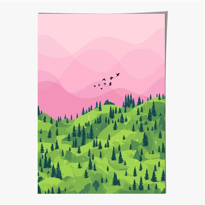 Modern Graphical Pink, Green Forest Trees Art Poster | Wall Art Plaza