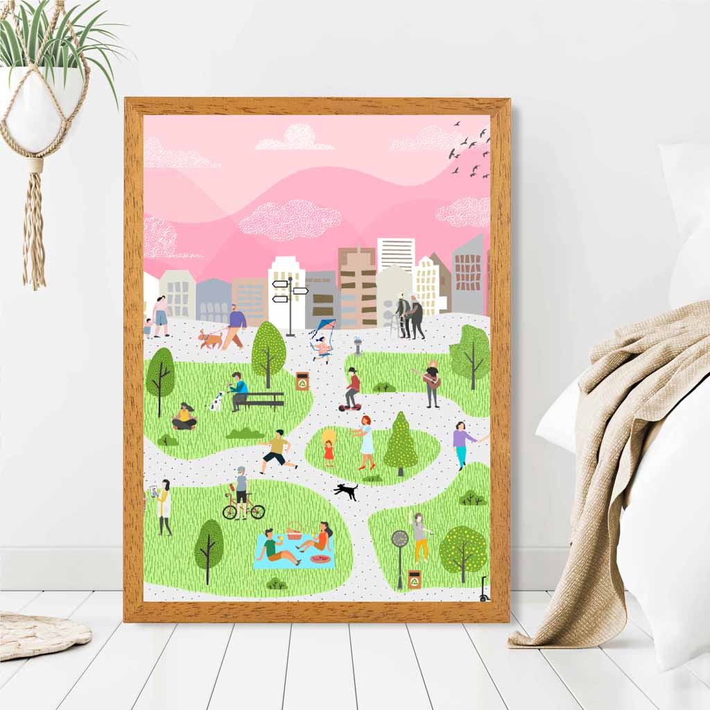 Graphical Modern Pink, Green City Park No 1 Art Poster | Wall Art Plaza