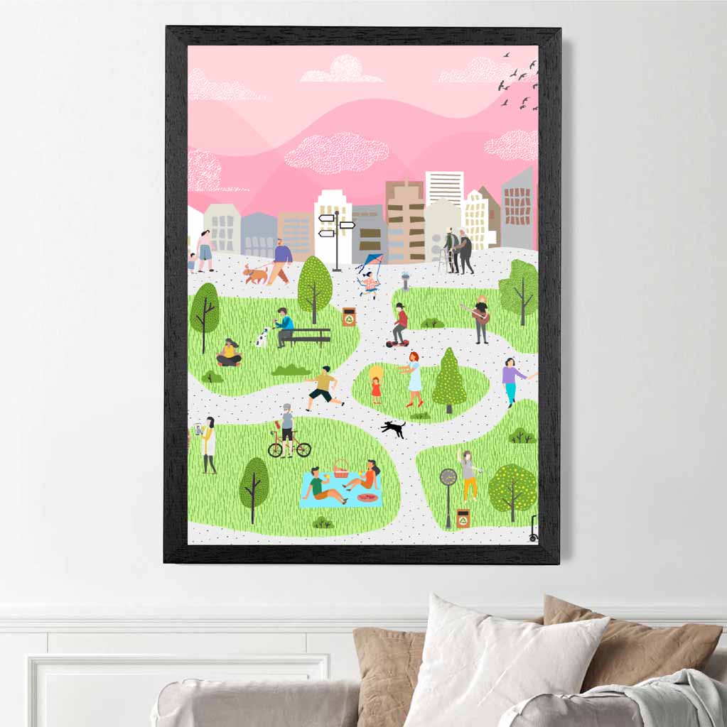 Graphical Modern Pink, Green City Park No 1 Art Poster | Wall Art Plaza