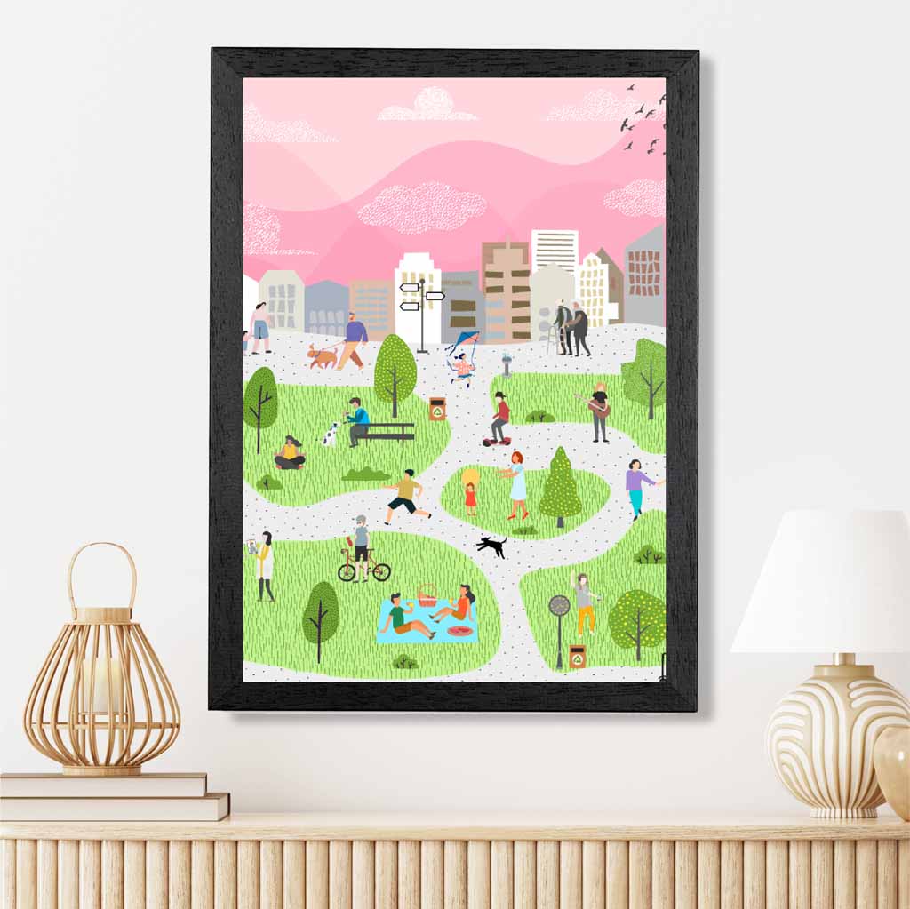 Graphical Modern Pink, Green City Park No 1 Art Poster | Wall Art Plaza