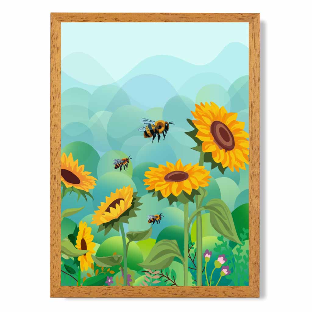 Modern Blue, Yellow Sunflowers and Bees Art Print | Wall Art Plaza