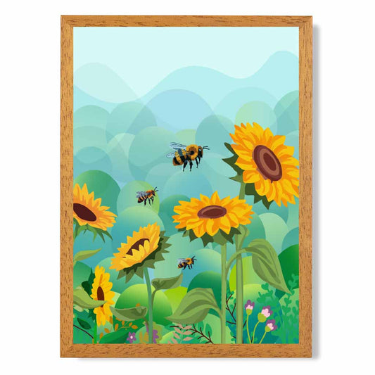 Modern Blue, Yellow Sunflowers and Bees Art Print | Wall Art Plaza