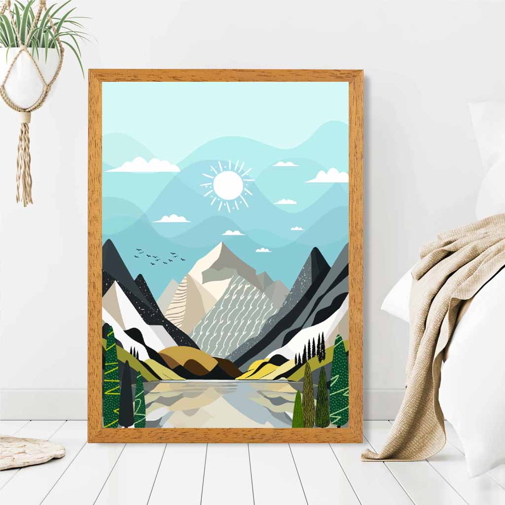 Modern Graphical Blue, Grey Mountain Glacier Art Poster | Wall Art Plaza