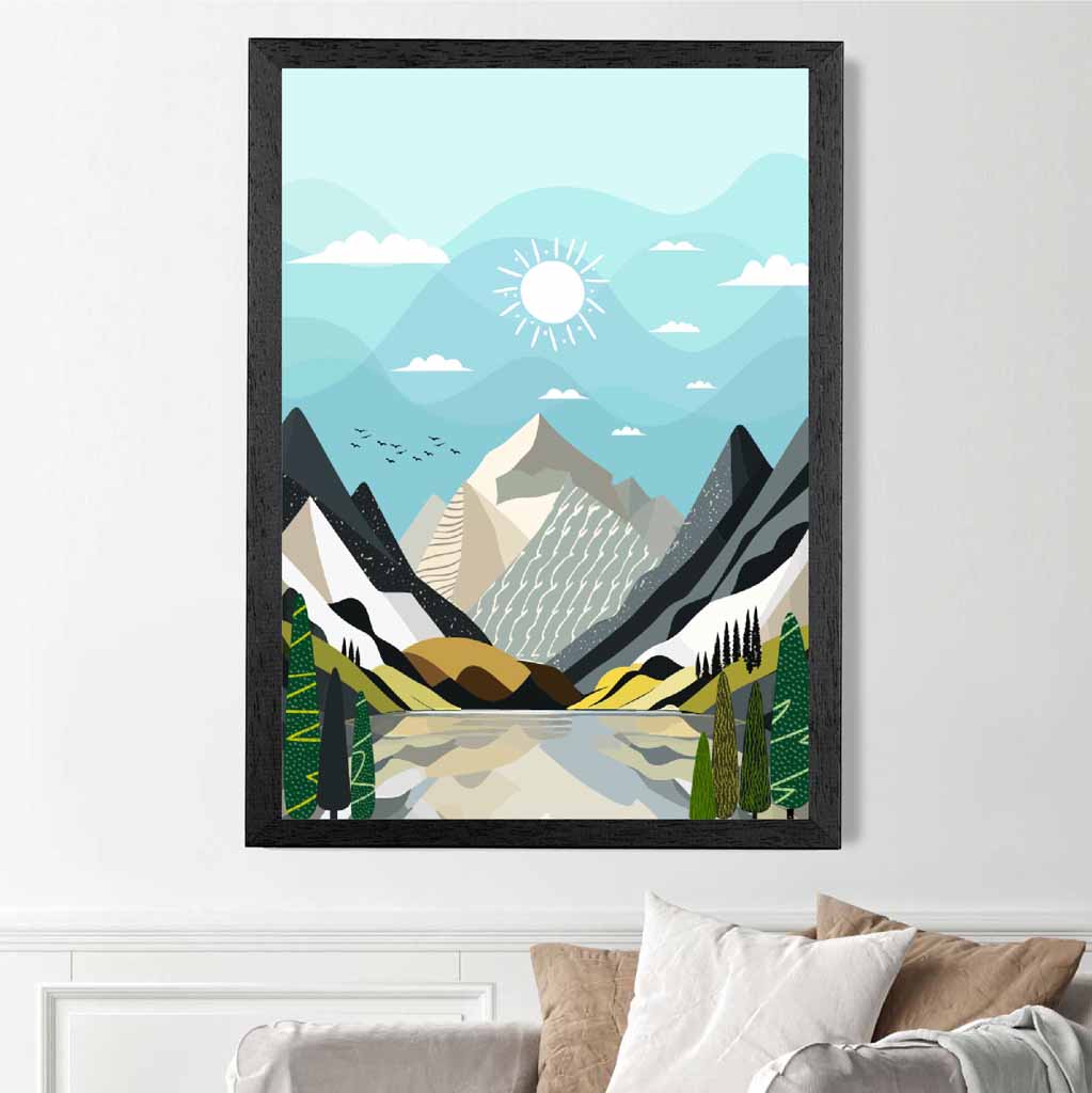 Modern Graphical Blue, Grey Mountain Glacier Art Poster | Wall Art Plaza