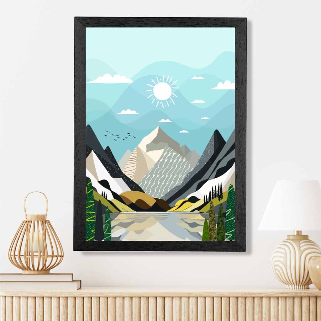 Modern Graphical Blue, Grey Mountain Glacier Art Poster | Wall Art Plaza