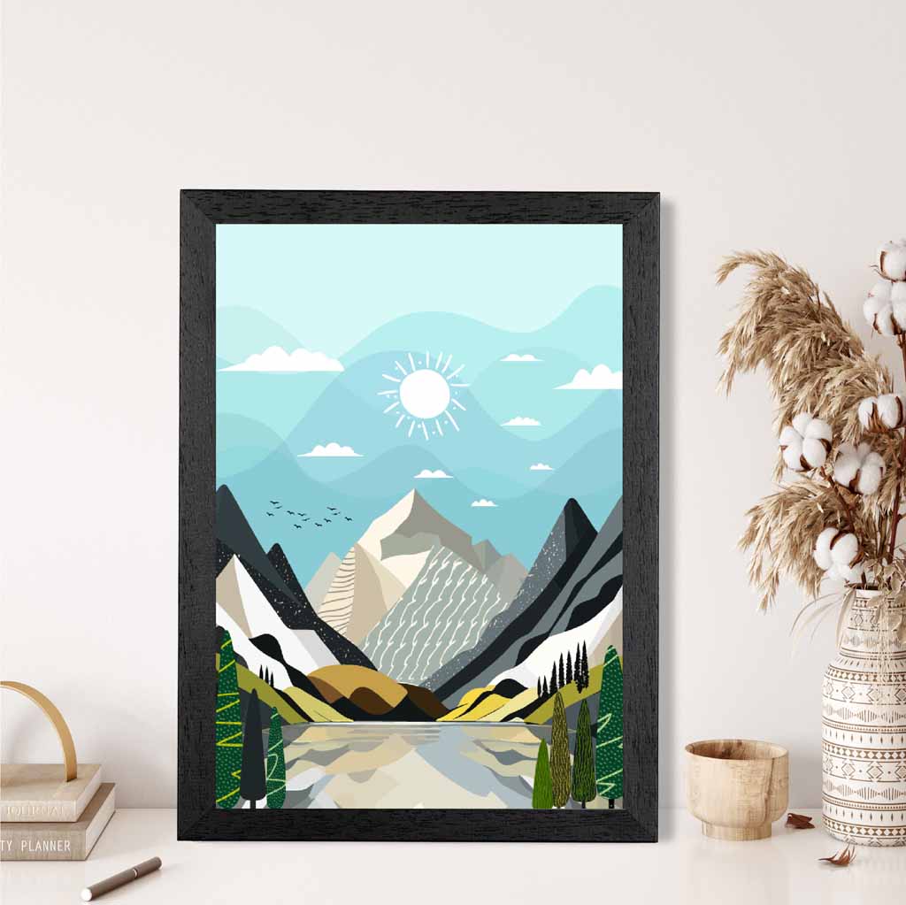 Modern Graphical Blue, Grey Mountain Glacier Art Poster | Wall Art Plaza