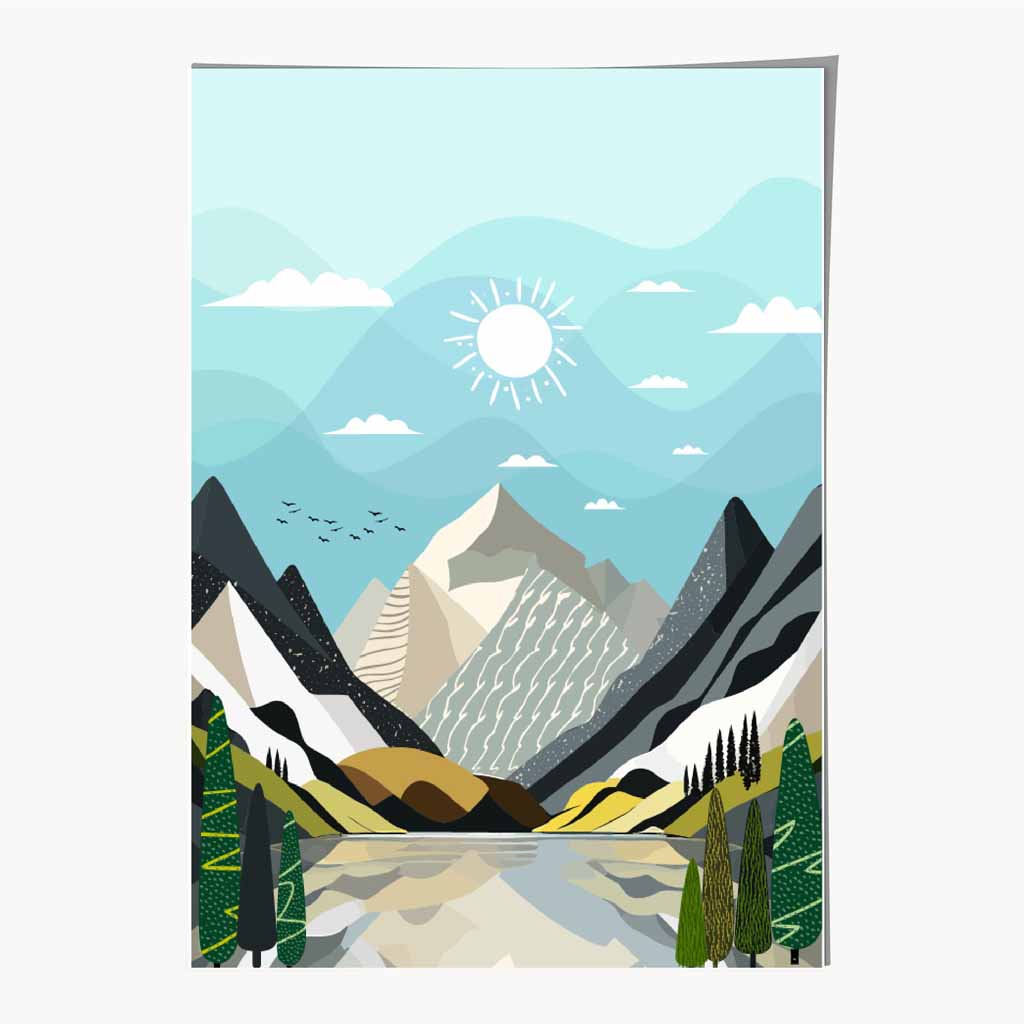 Modern Graphical Blue, Grey Mountain Glacier Art Poster | Wall Art Plaza