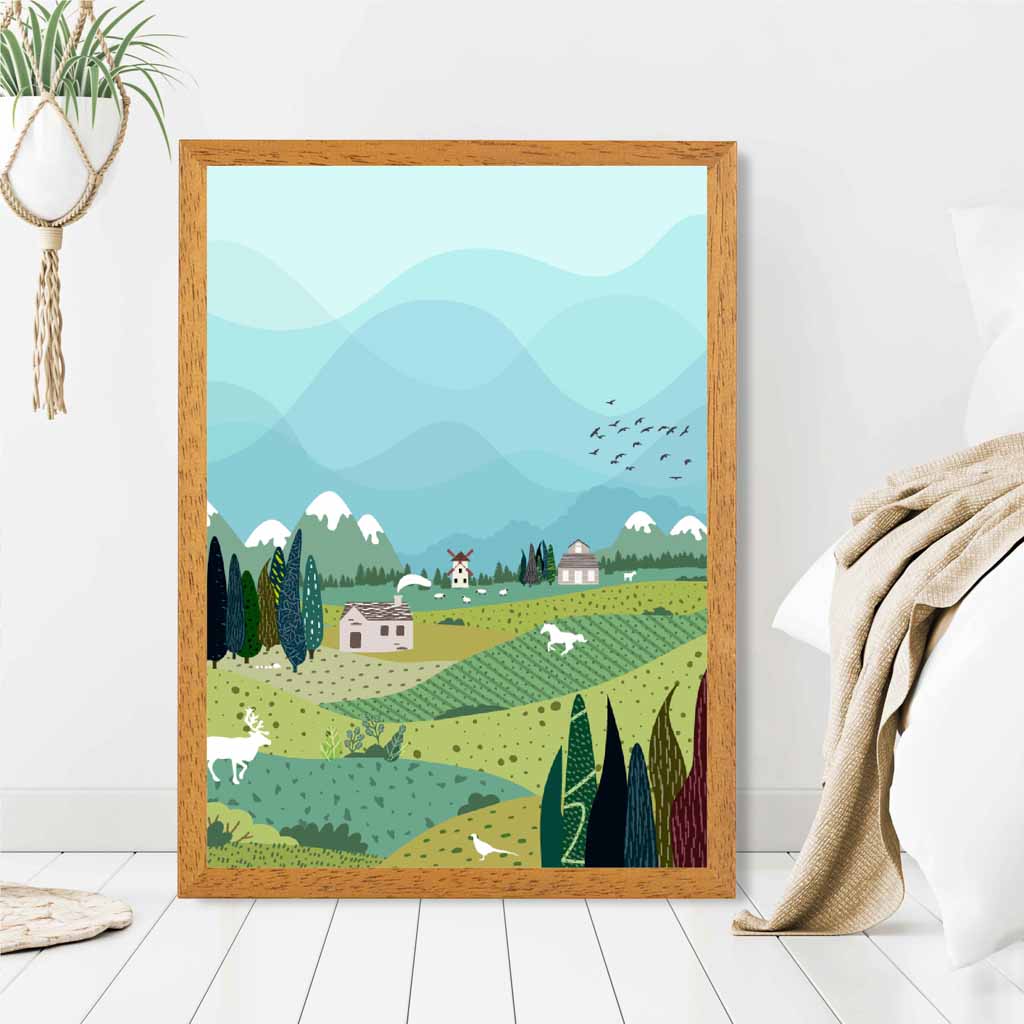 Graphical Modern Blue, Green Mountain Village Art Poster | Wall Art Plaza