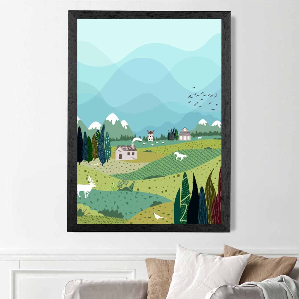 Graphical Modern Blue, Green Mountain Village Art Poster | Wall Art Plaza