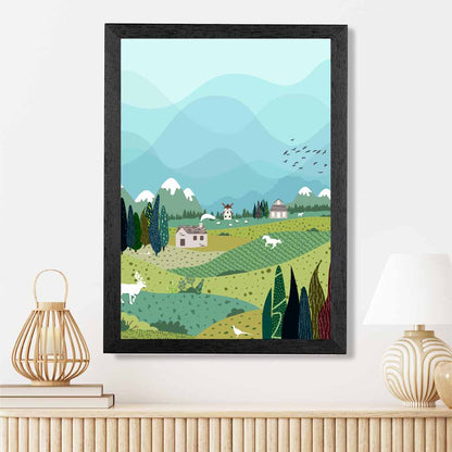 Graphical Modern Blue, Green Mountain Village Art Poster | Wall Art Plaza