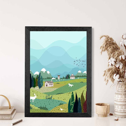 Graphical Modern Blue, Green Mountain Village Art Poster | Wall Art Plaza