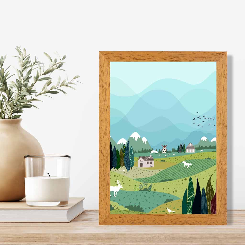 Graphical Modern Blue, Green Mountain Village Art Poster | Wall Art Plaza