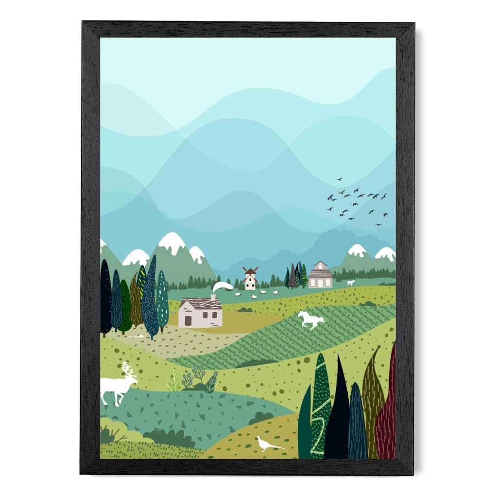 Graphical Modern Blue, Green Mountain Village Art Poster | Wall Art Plaza