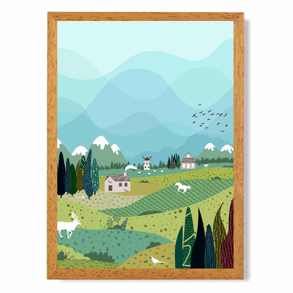 Graphical Modern Blue, Green Mountain Village Art Poster | Wall Art Plaza