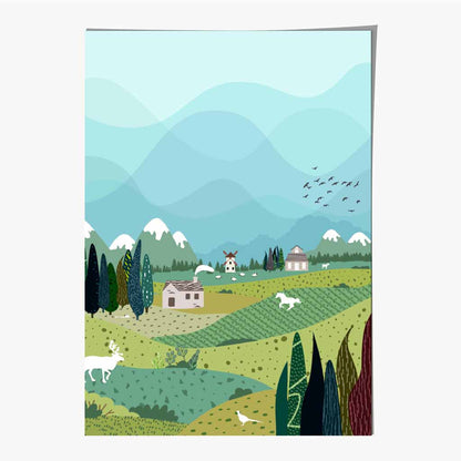 Graphical Modern Blue, Green Mountain Village Art Poster | Wall Art Plaza