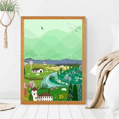 Graphical Green, Purple Alpine Village Art Poster | Wall Art Plaza