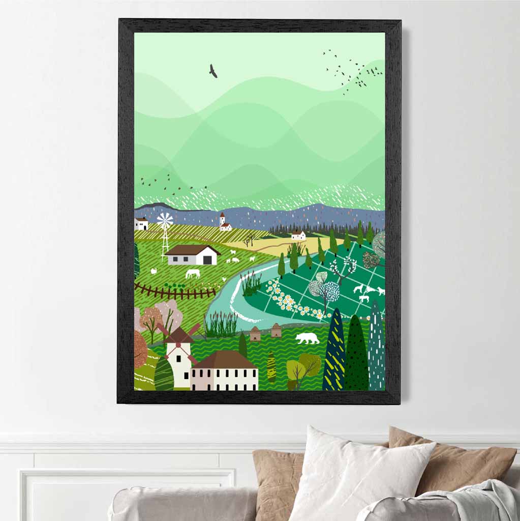 Graphical Green, Purple Alpine Village Art Poster | Wall Art Plaza