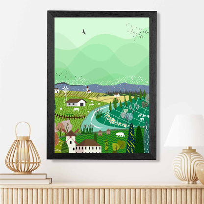 Graphical Green, Purple Alpine Village Art Poster | Wall Art Plaza