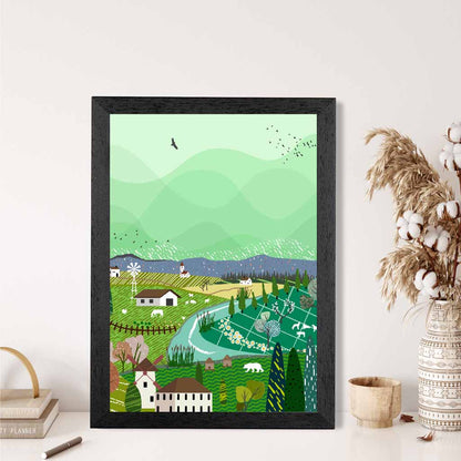 Graphical Green, Purple Alpine Village Art Poster | Wall Art Plaza