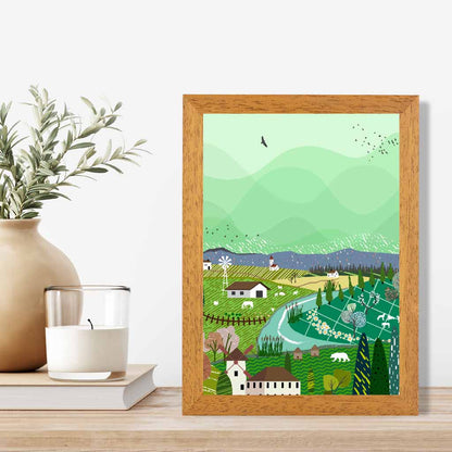 Graphical Green, Purple Alpine Village Art Poster | Wall Art Plaza