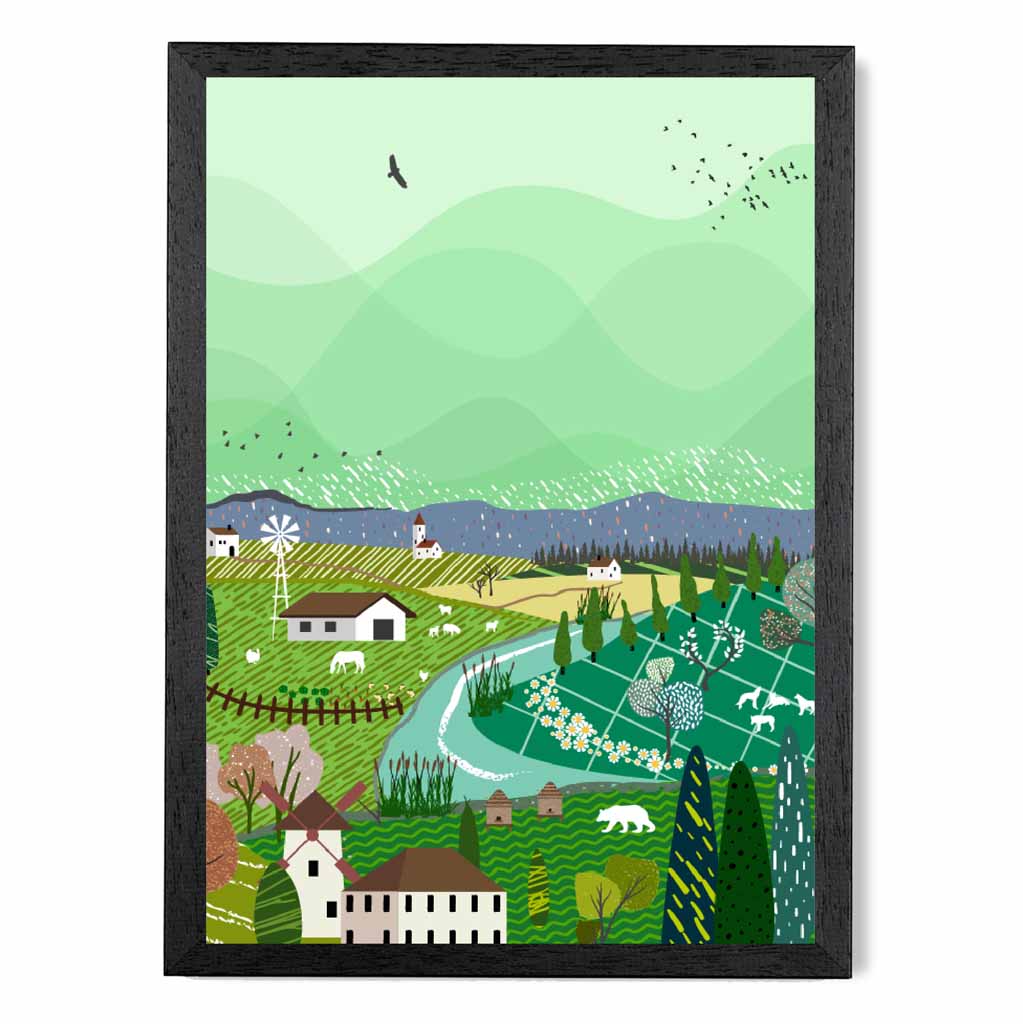 Graphical Green, Purple Alpine Village Art Poster | Wall Art Plaza