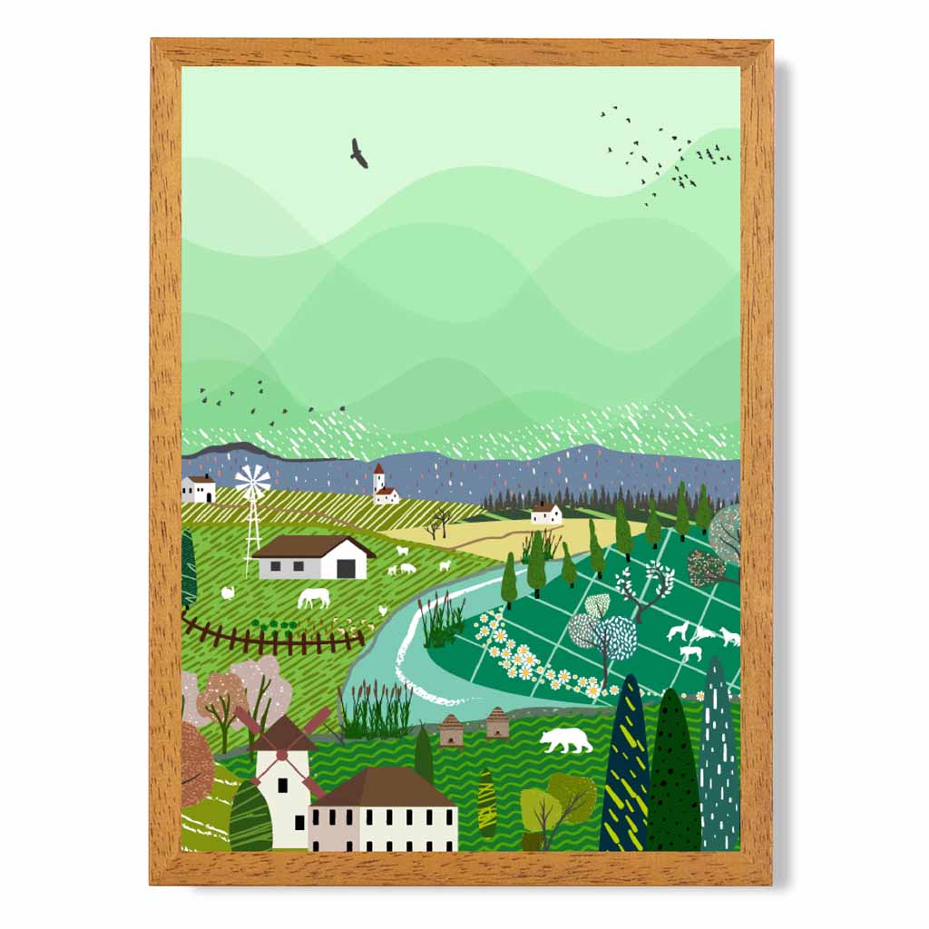 Graphical Green, Purple Alpine Village Art Poster | Wall Art Plaza