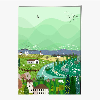 Graphical Green, Purple Alpine Village Art Poster | Wall Art Plaza