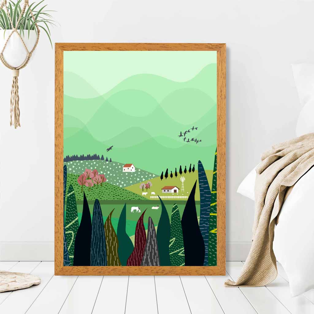 Modern Graphical Green, Colourful Lakeside Village Art Poster | Wall Art Plaza