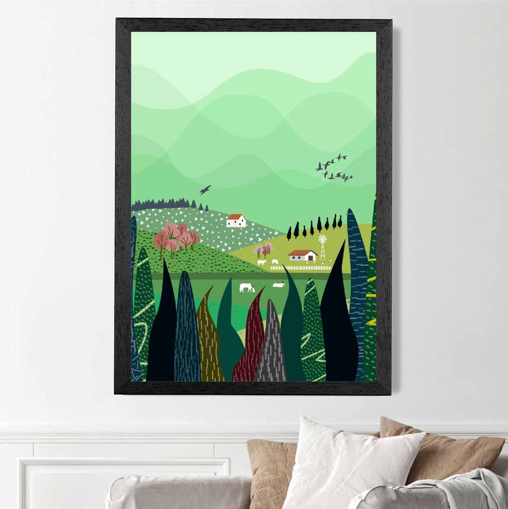 Modern Graphical Green, Colourful Lakeside Village Art Poster | Wall Art Plaza