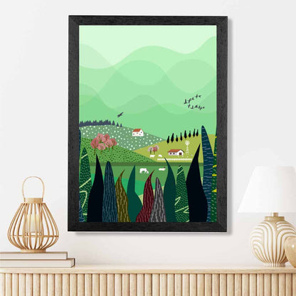 Modern Graphical Green, Colourful Lakeside Village Art Poster | Wall Art Plaza