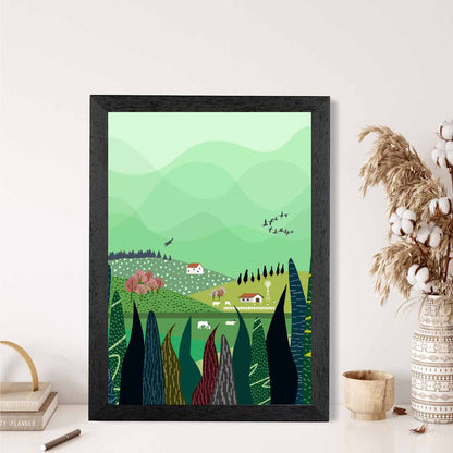 Modern Graphical Green, Colourful Lakeside Village Art Poster | Wall Art Plaza